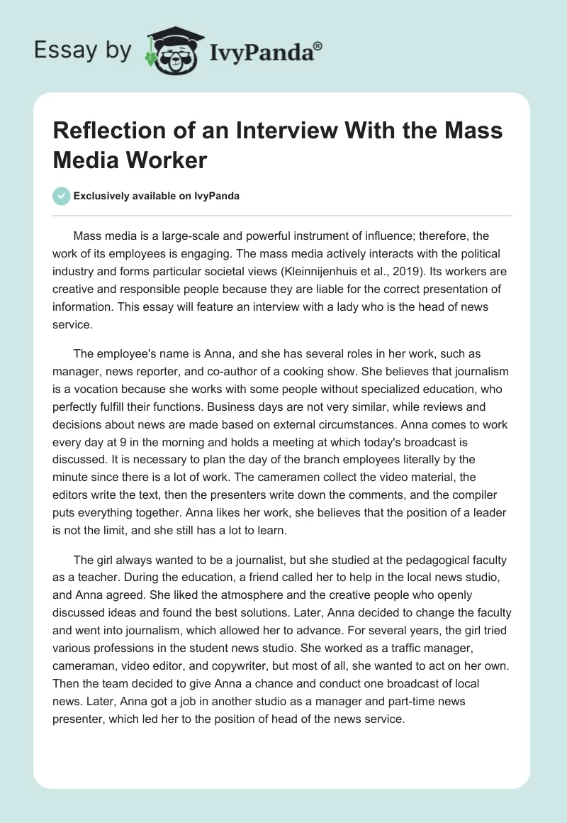 Reflection of an Interview With the Mass Media Worker. Page 1