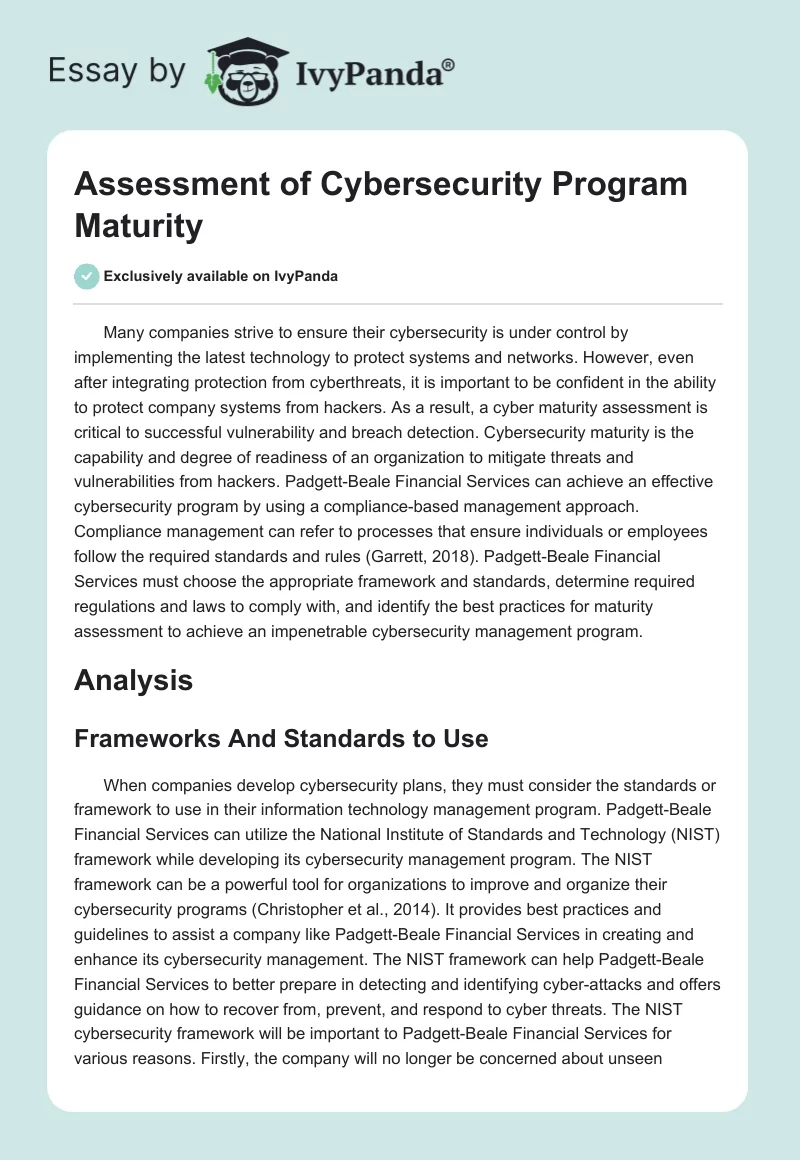 Assessment of Cybersecurity Program Maturity. Page 1