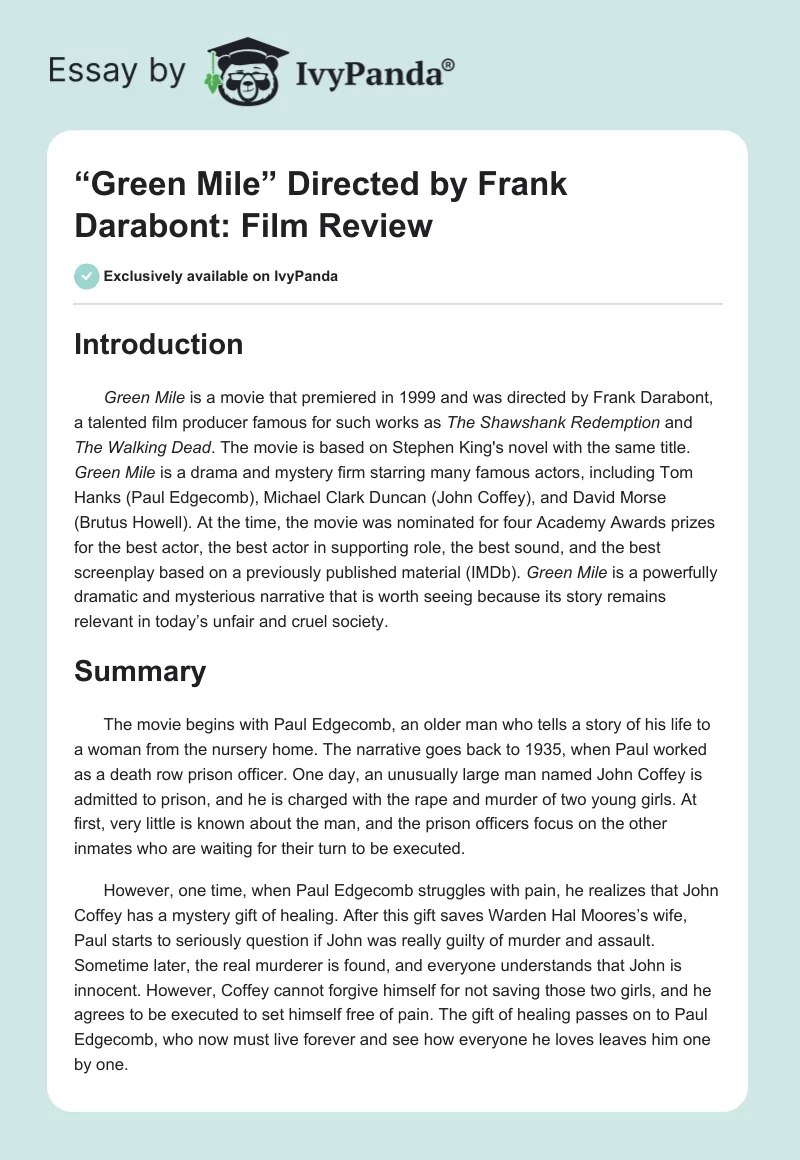 “Green Mile” Directed by Frank Darabont: Film Review. Page 1