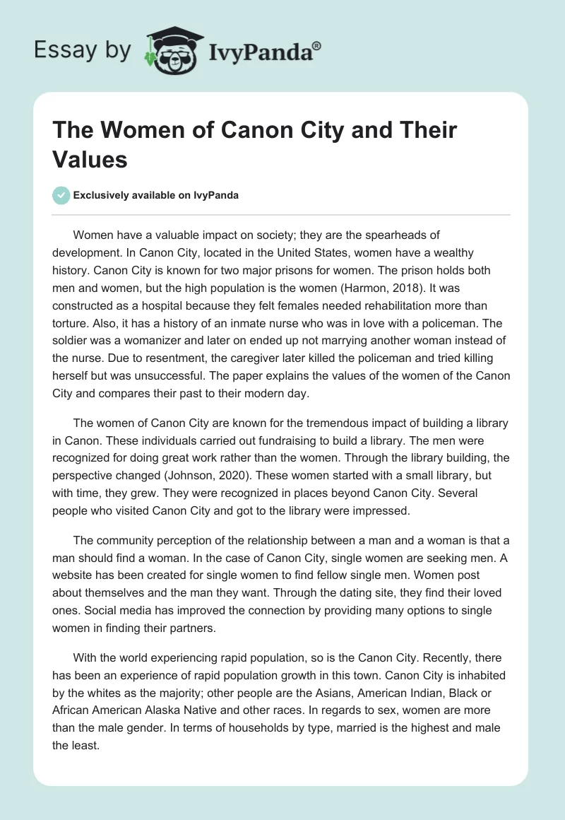 The Women of Canon City and Their Values. Page 1