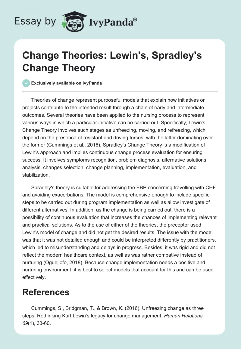 Change Theories: Lewin's, Spradley's Change Theory. Page 1