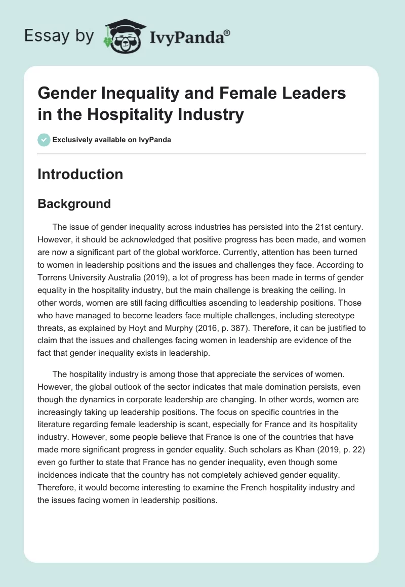 Gender Inequality and Female Leaders in the Hospitality Industry. Page 1