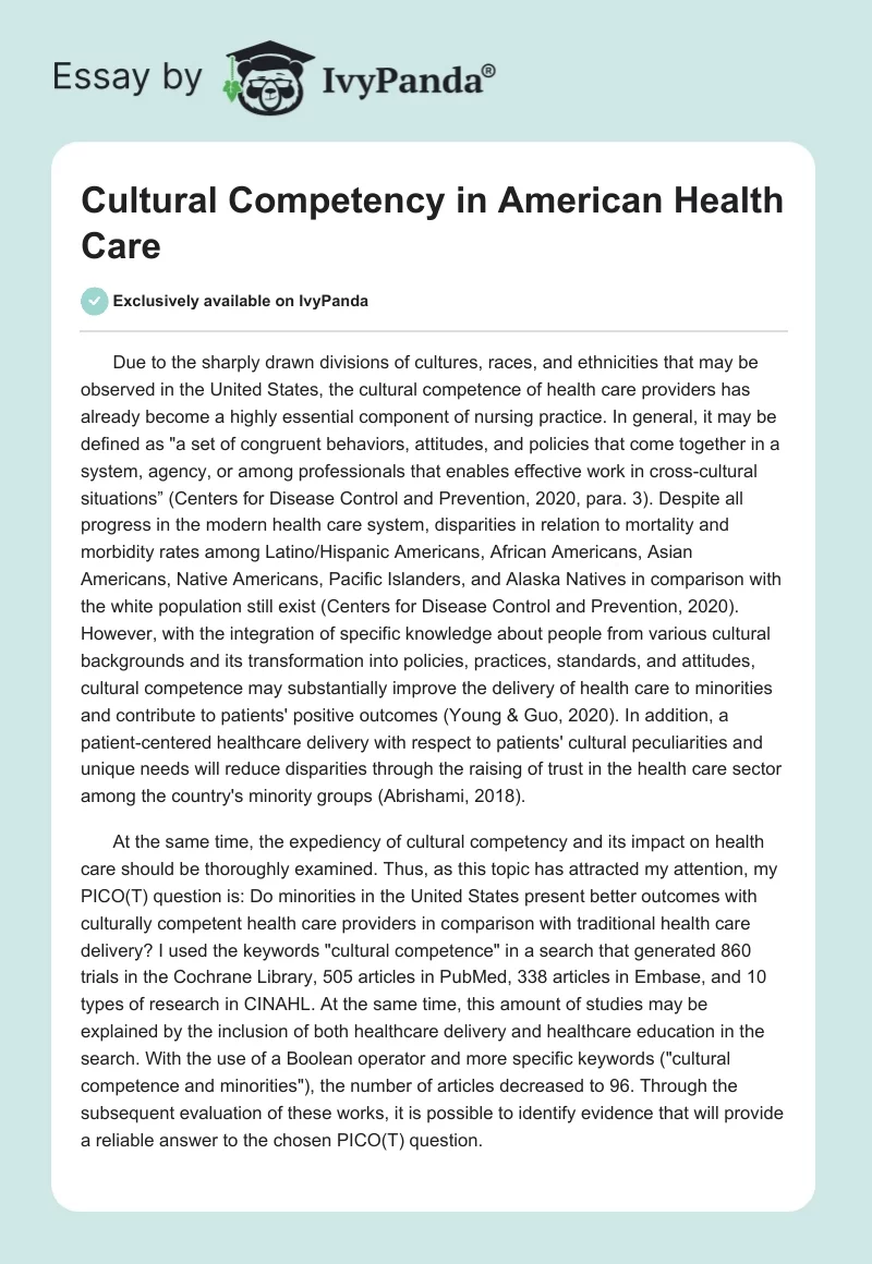 Cultural Competency in American Health Care. Page 1