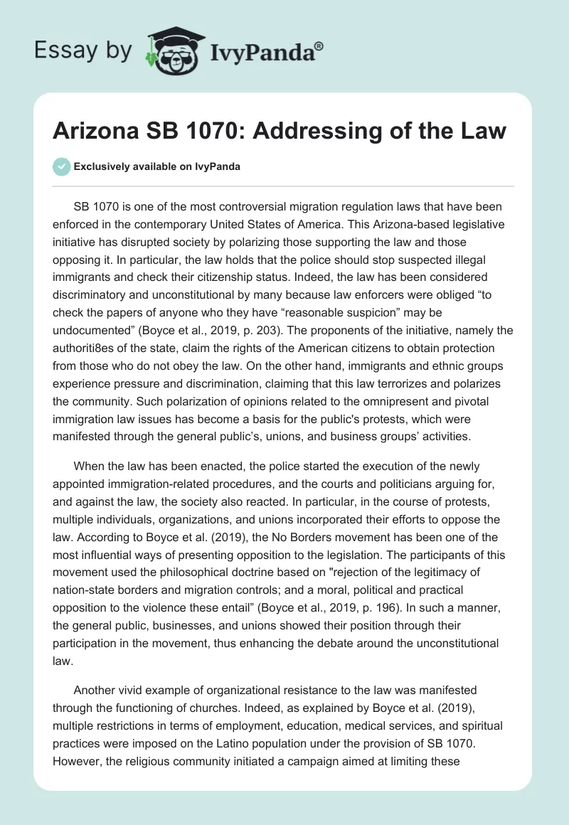 Arizona SB 1070: Addressing of the Law. Page 1