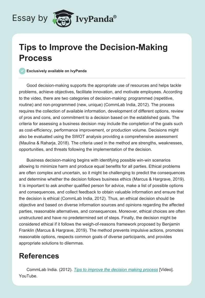 Tips to Improve the Decision-Making Process. Page 1