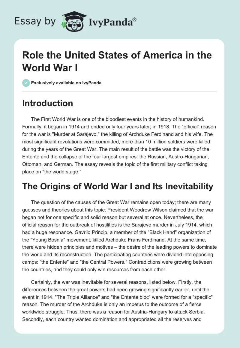 Role the United States of America in the World War I. Page 1