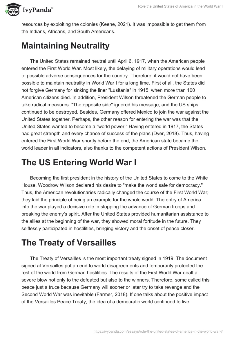 Role the United States of America in the World War I. Page 2