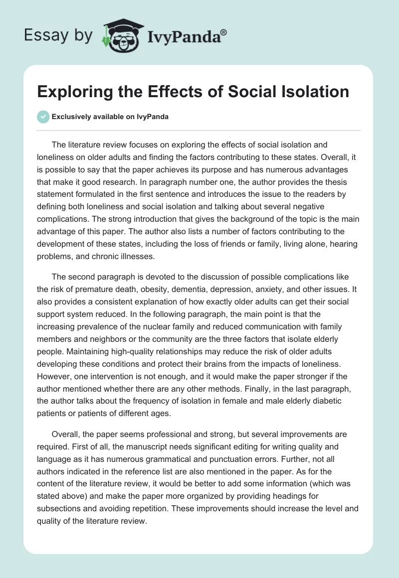Exploring the Effects of Social Isolation. Page 1