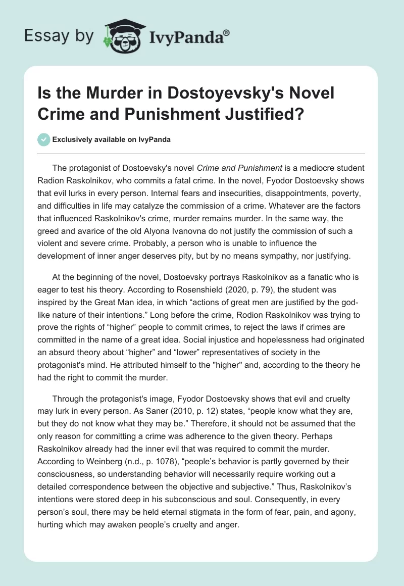 Is the Murder in Dostoyevsky's Novel "Crime and Punishment" Justified?. Page 1