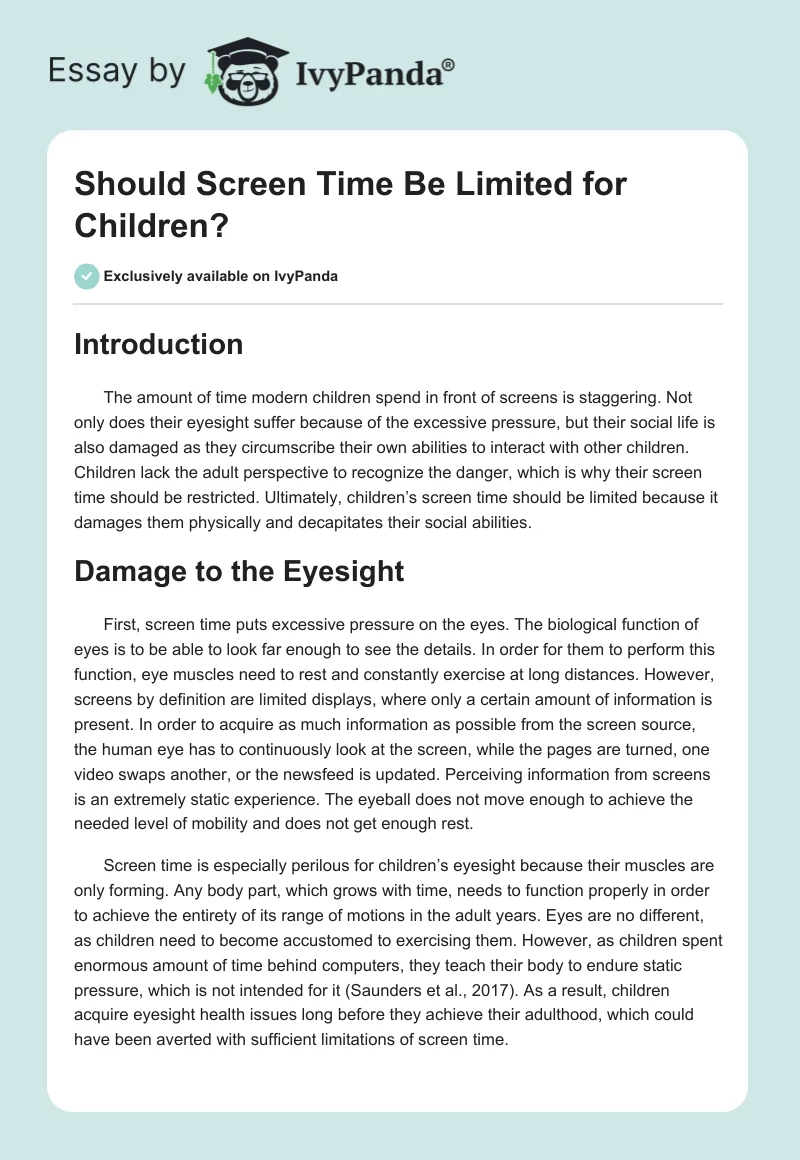 Should Screen Time Be Limited for Children?. Page 1