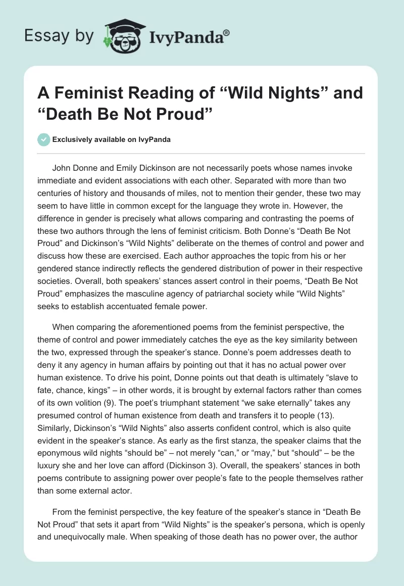 A Feminist Reading of “Wild Nights” and “Death Be Not Proud”. Page 1