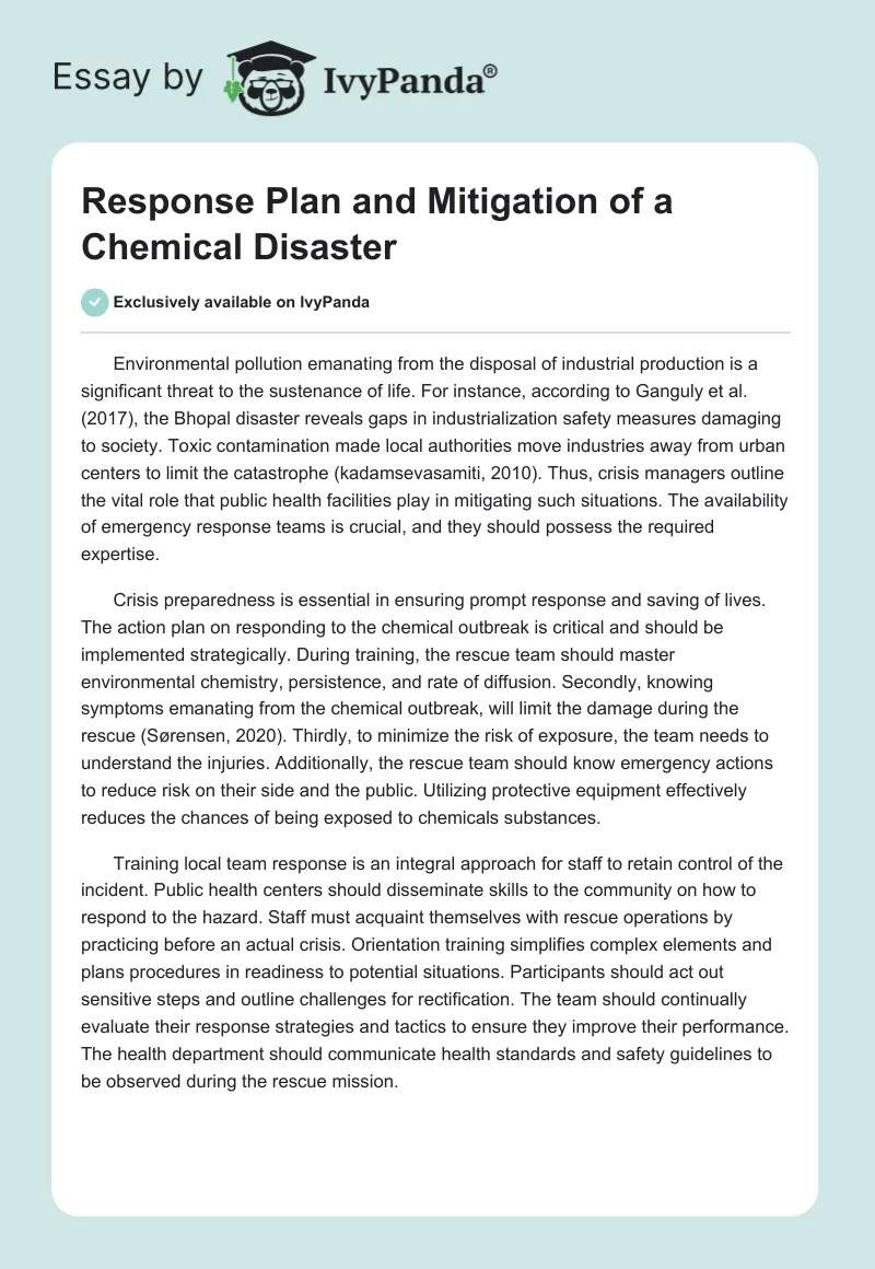 Response Plan and Mitigation of a Chemical Disaster. Page 1