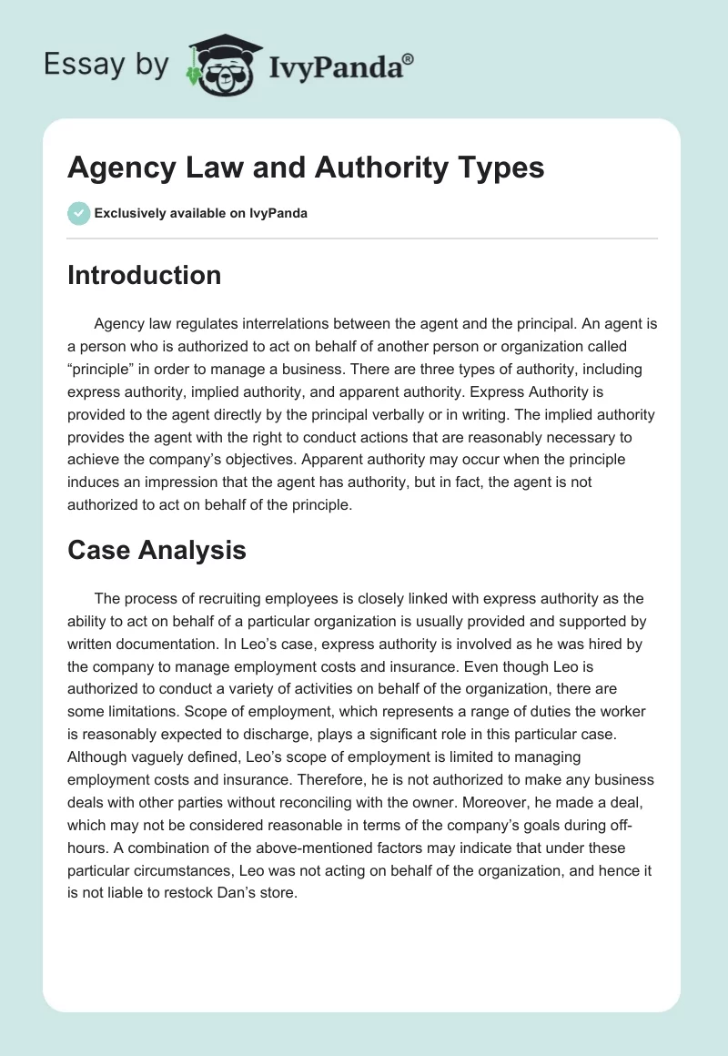 Agency Law and Authority Types. Page 1