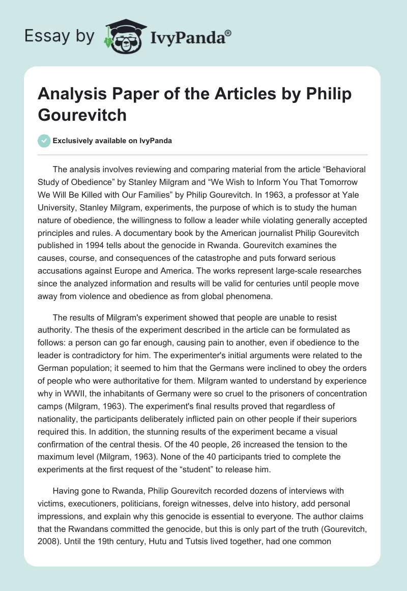 Analysis Paper of the Articles by Philip Gourevitch. Page 1