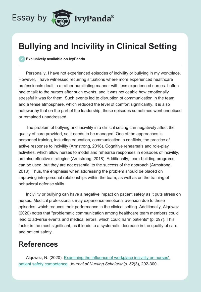 Bullying and Incivility in Clinical Setting. Page 1