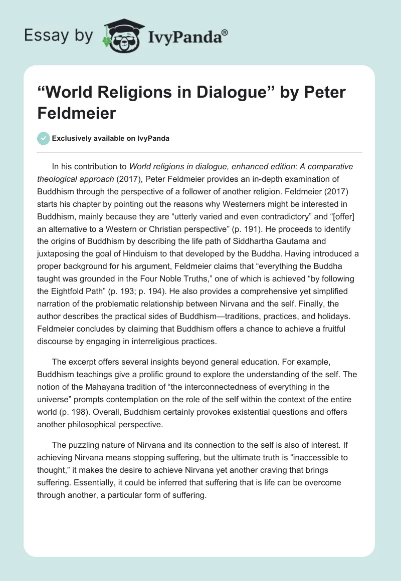 “World Religions in Dialogue” by Peter Feldmeier. Page 1