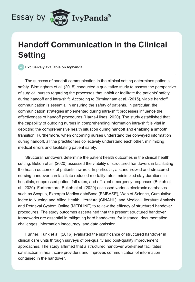 Handoff Communication in the Clinical Setting. Page 1