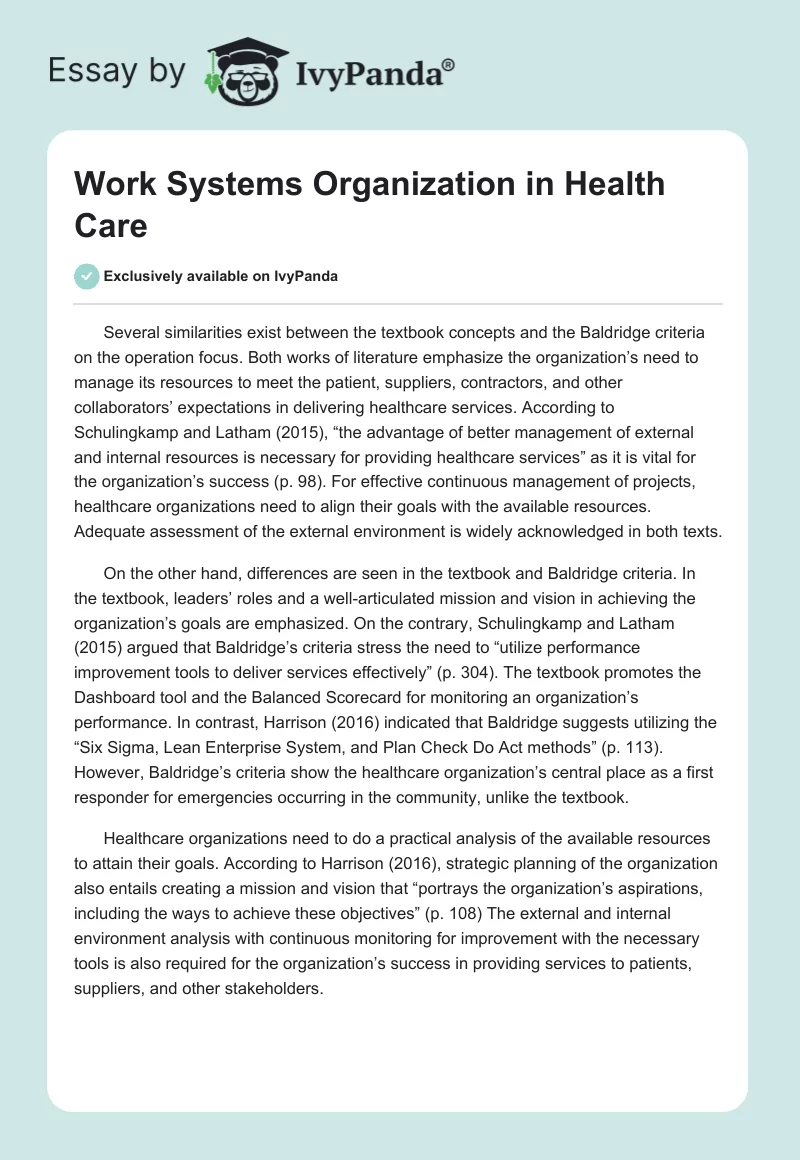 Work Systems Organization in Health Care. Page 1