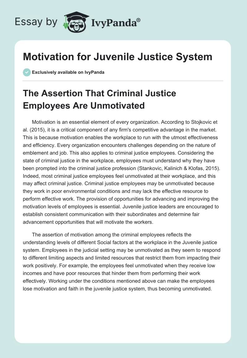 Motivation for Juvenile Justice System. Page 1