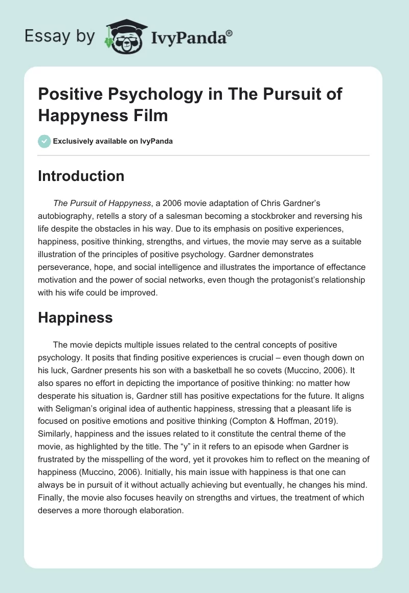 Positive Psychology in "The Pursuit of Happyness" Film. Page 1