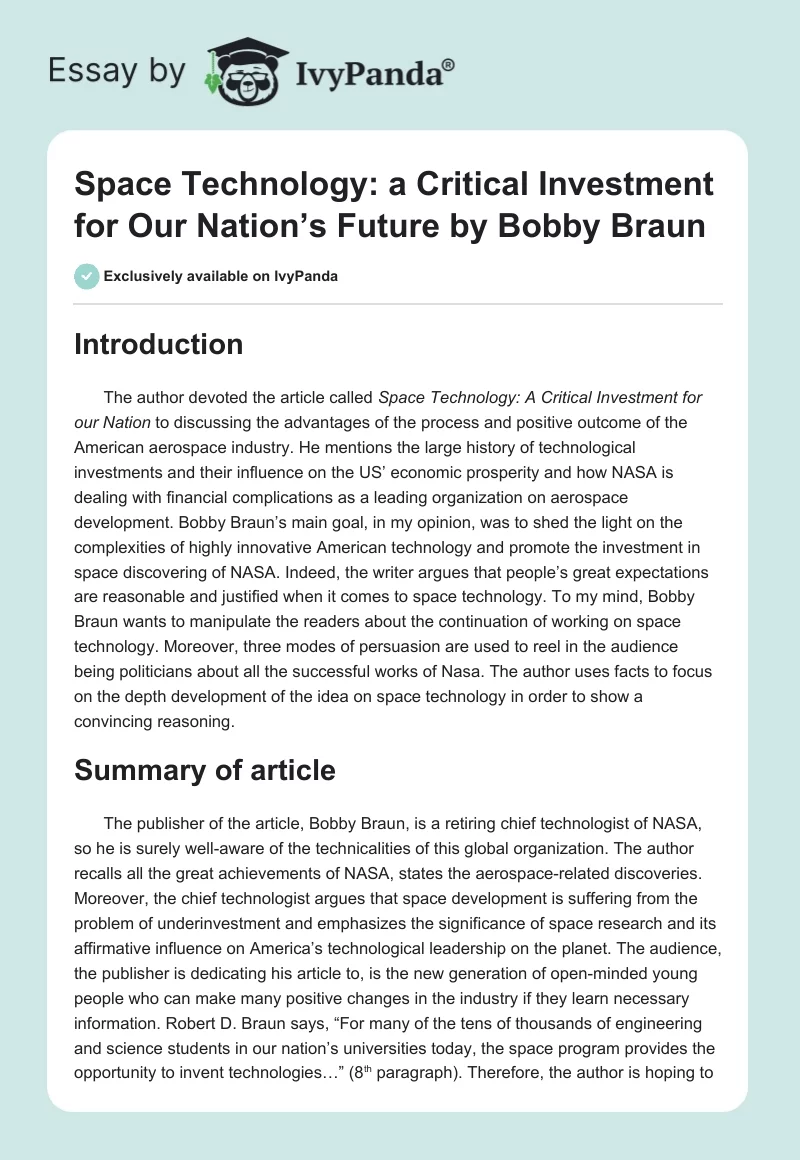 Space Technology: a Critical Investment for Our Nation’s Future by Bobby Braun. Page 1