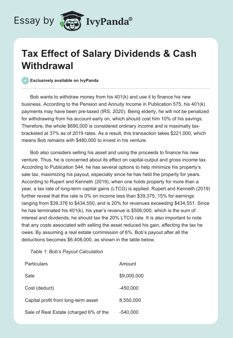 Tax Effect of Salary Dividends & Cash Withdrawal. Page 1