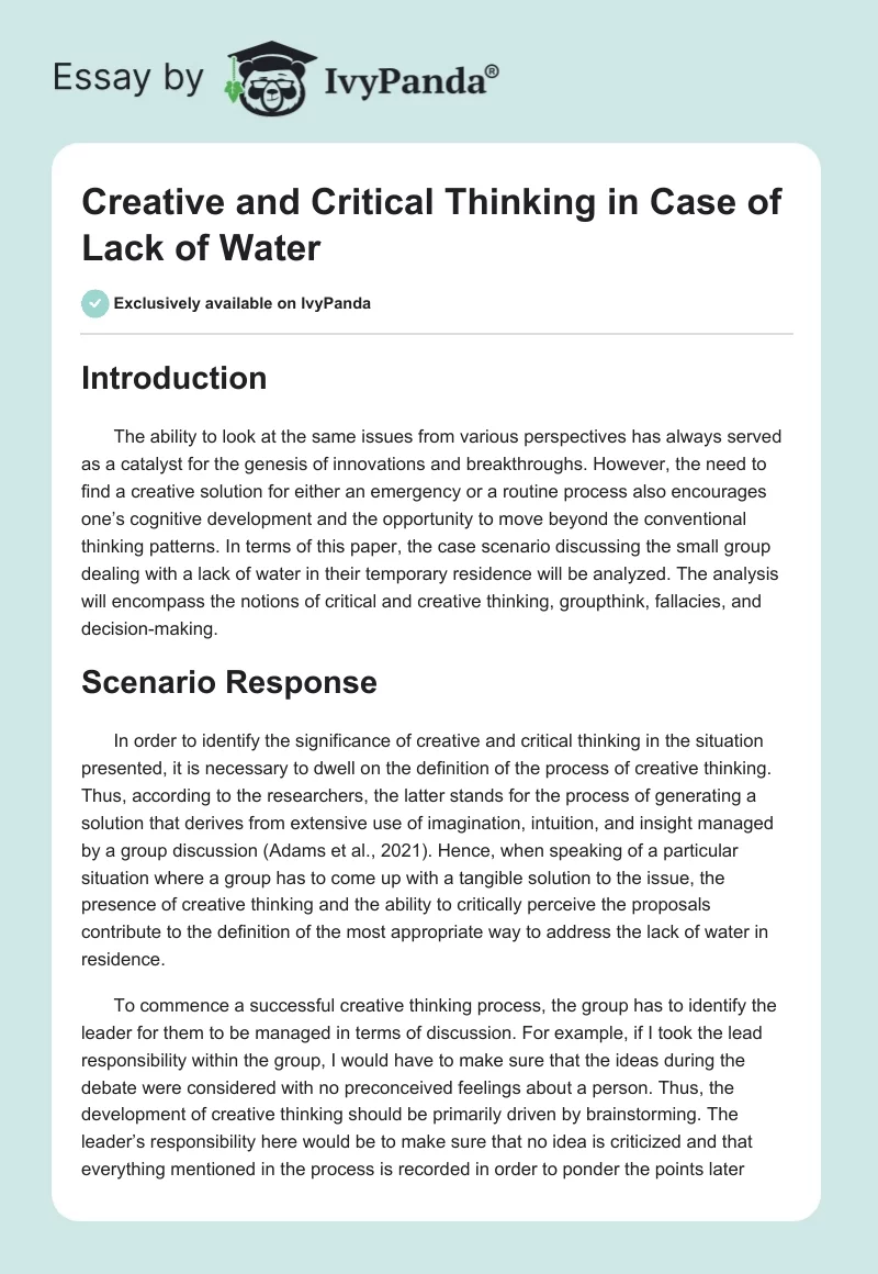 Creative and Critical Thinking in Case of Lack of Water. Page 1