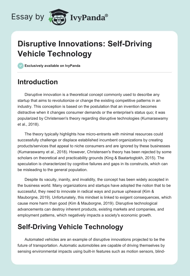 Disruptive Innovations: Self-Driving Vehicle Technology. Page 1