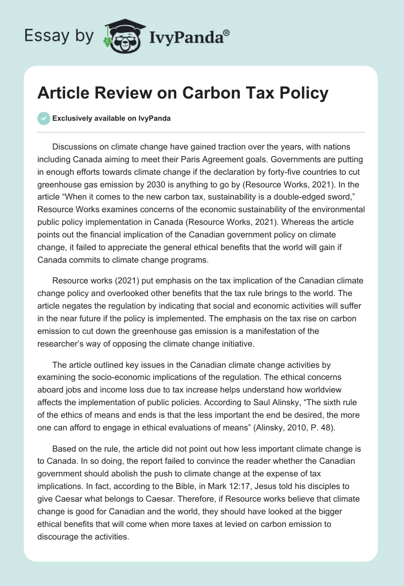Article Review on Carbon Tax Policy. Page 1
