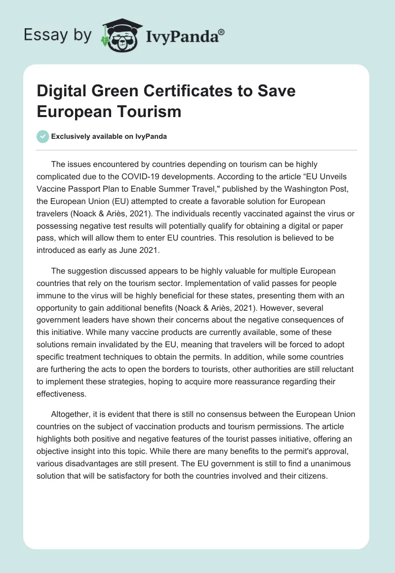 Digital Green Certificates to Save European Tourism. Page 1