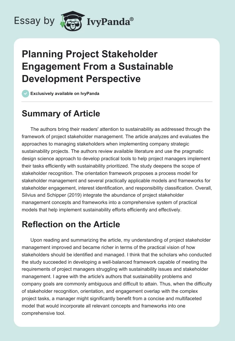 Planning Project Stakeholder Engagement From a Sustainable Development Perspective. Page 1