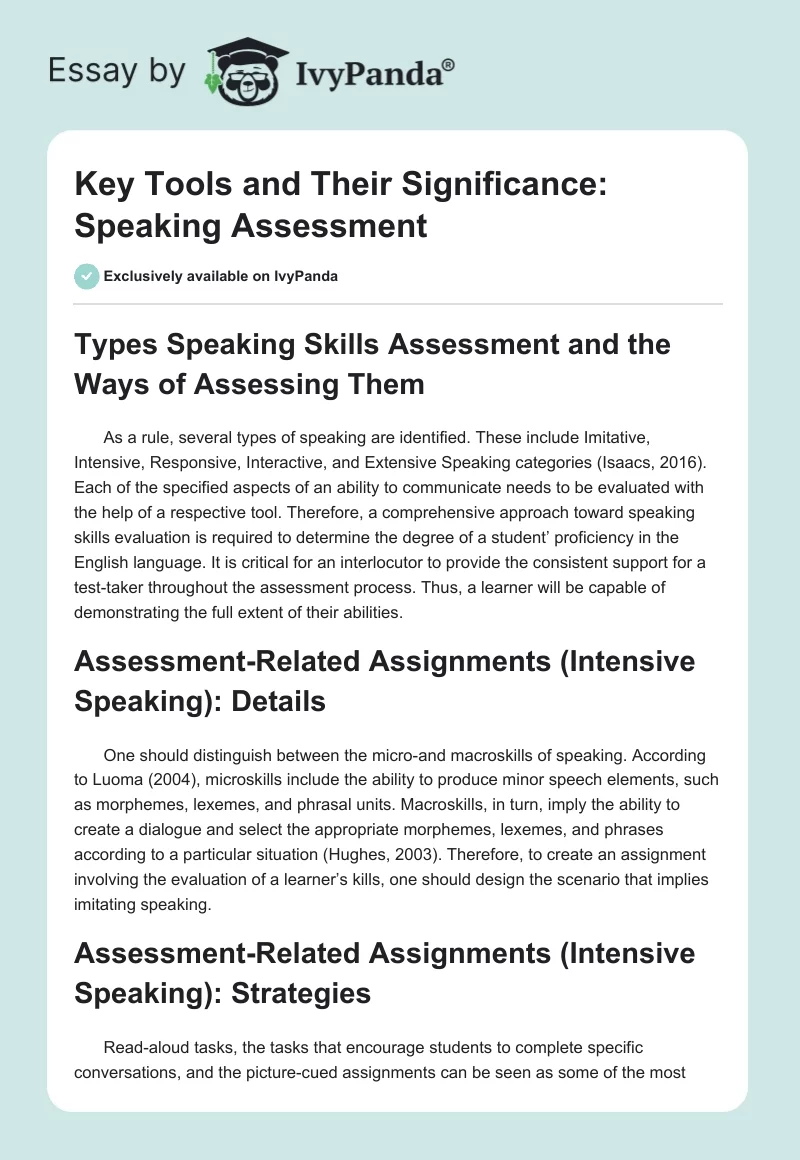 Key Tools and Their Significance: Speaking Assessment. Page 1