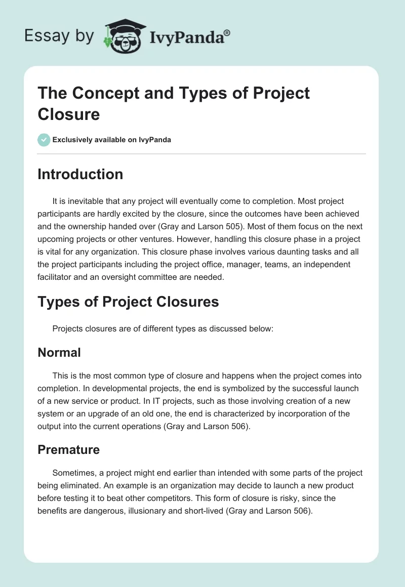 The Concept and Types of Project Closure. Page 1