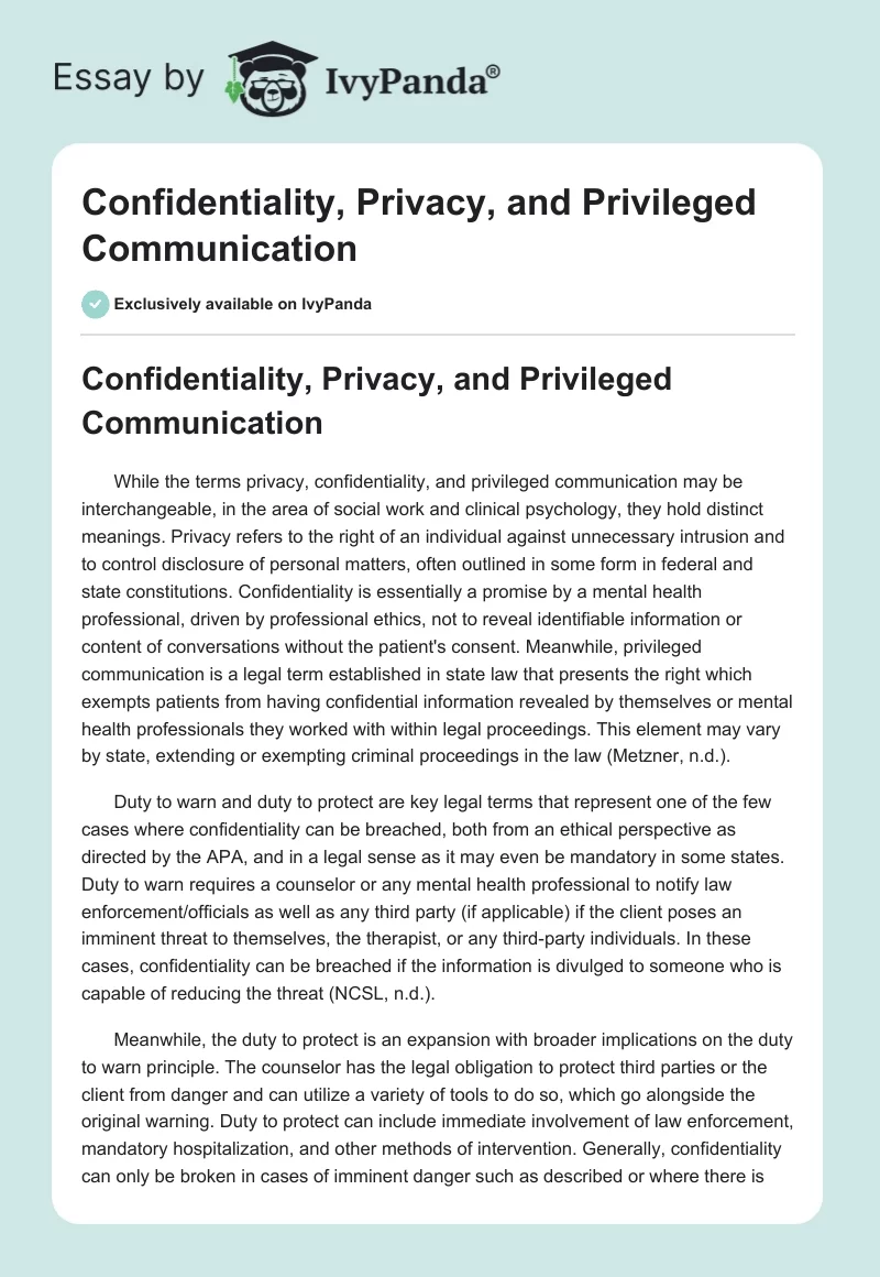 Confidentiality, Privacy, and Privileged Communication. Page 1