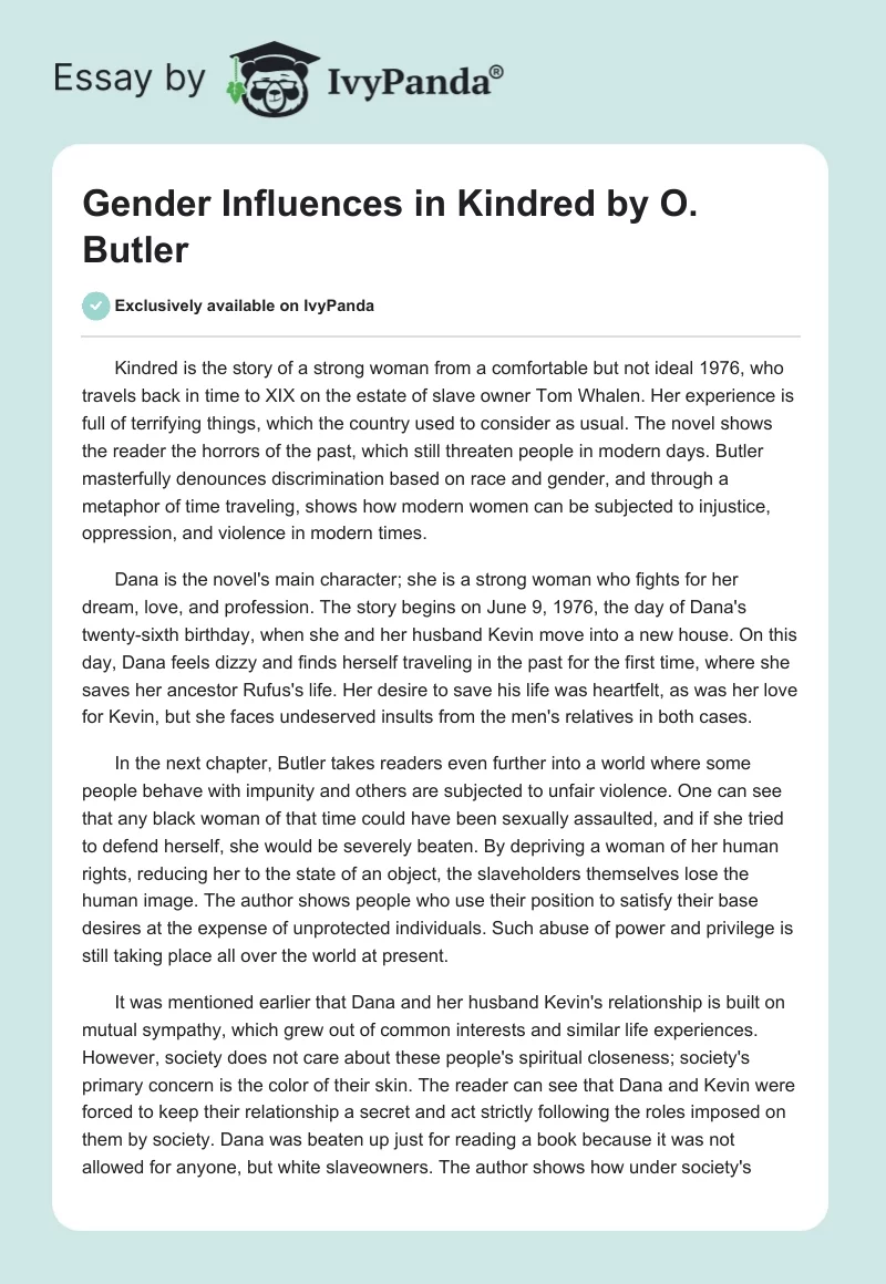 Gender Influences in Kindred by O. Butler. Page 1