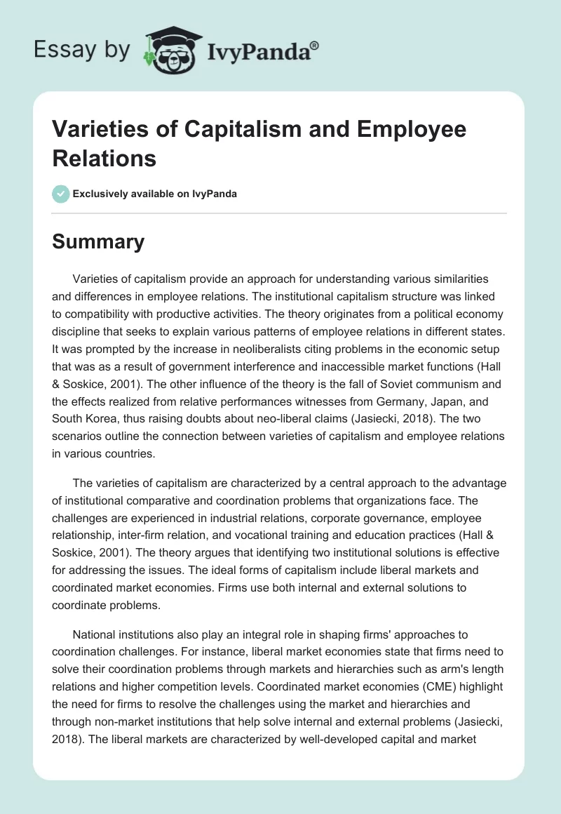Varieties of Capitalism and Employee Relations. Page 1