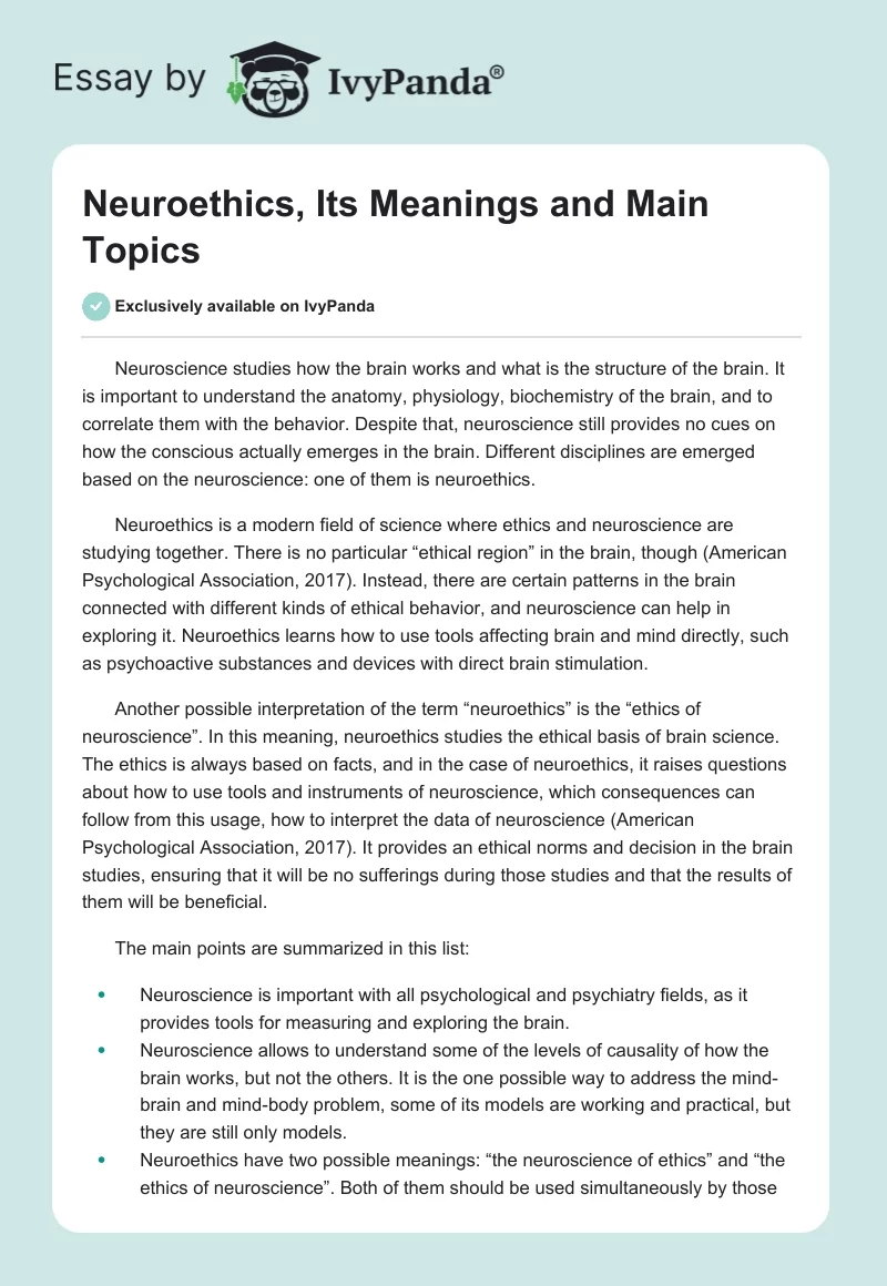 Neuroethics, Its Meanings and Main Topics. Page 1