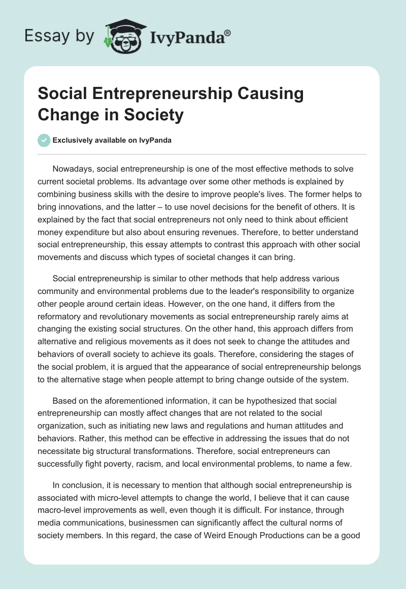 Social Entrepreneurship Causing Change in Society. Page 1