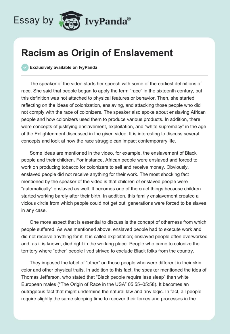 Racism as Origin of Enslavement. Page 1