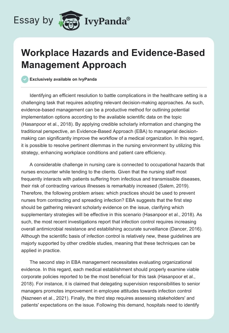 Workplace Hazards and Evidence-Based Management Approach. Page 1
