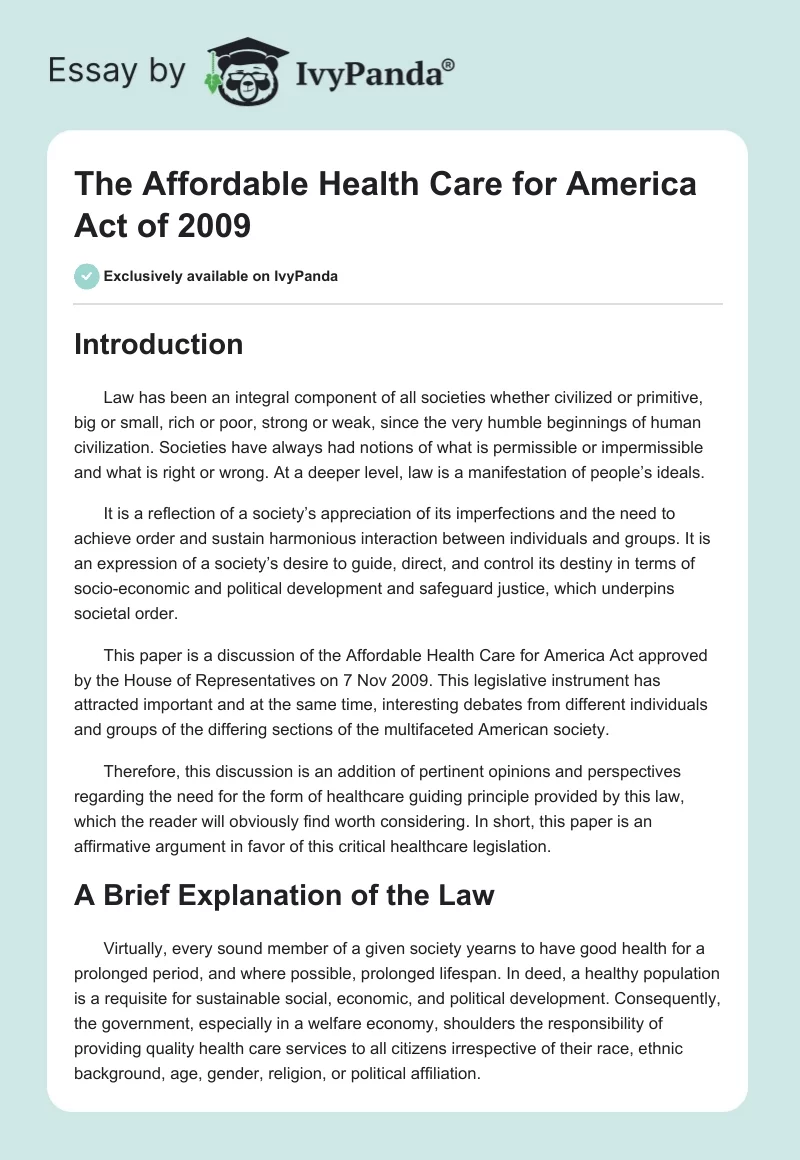 The Affordable Health Care for America Act of 2009. Page 1