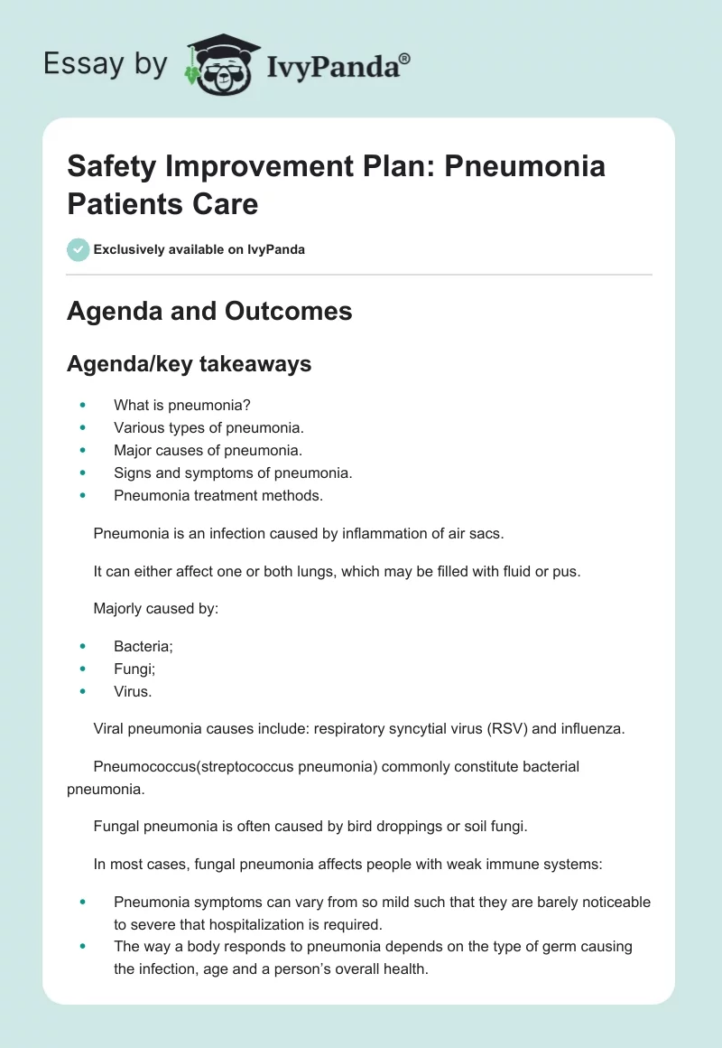 Safety Improvement Plan: Pneumonia Patients Care. Page 1