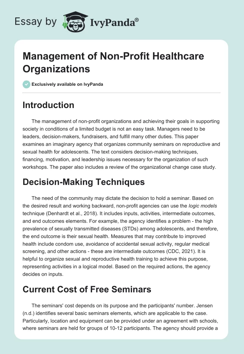 Management of Non-Profit Healthcare Organizations. Page 1