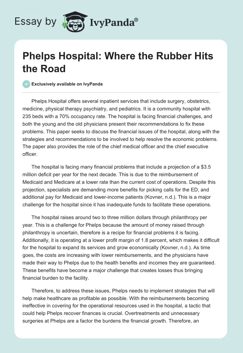 Phelps Hospital: Where the Rubber Hits the Road. Page 1