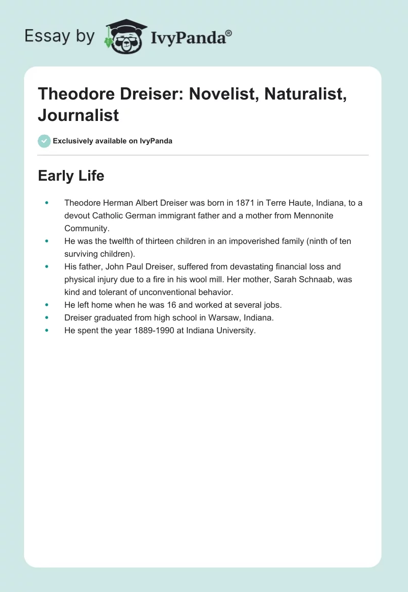 Theodore Dreiser: Novelist, Naturalist, Journalist. Page 1