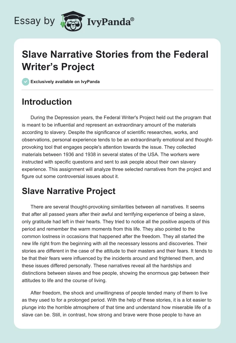 Slave Narrative Stories from the Federal Writer’s Project. Page 1
