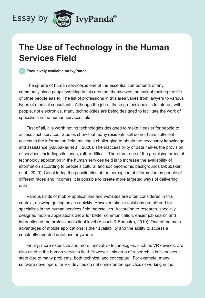The Use of Technology in the Human Services Field. Page 1