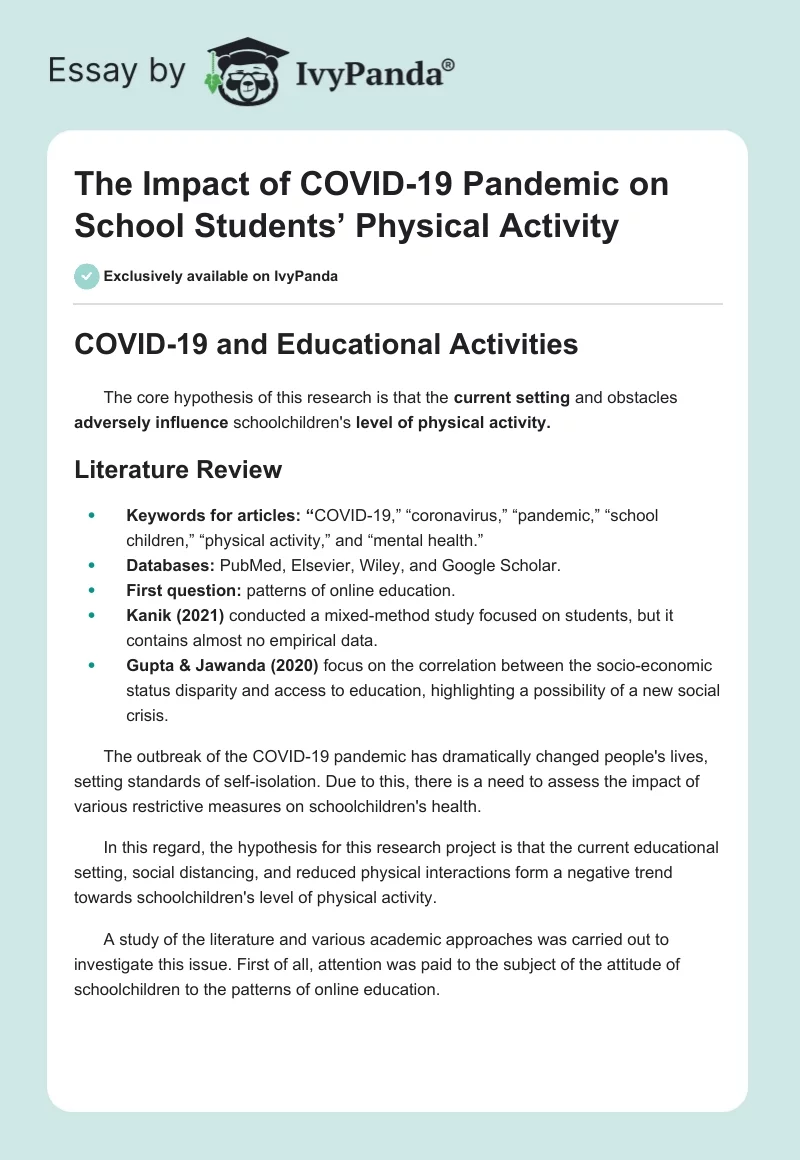 The Impact of COVID-19 Pandemic on School Students’ Physical Activity. Page 1