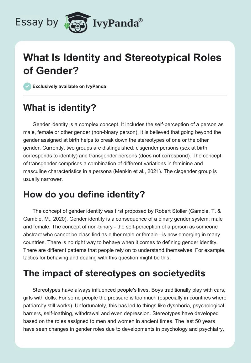 What Is Identity and Stereotypical Roles of Gender?. Page 1