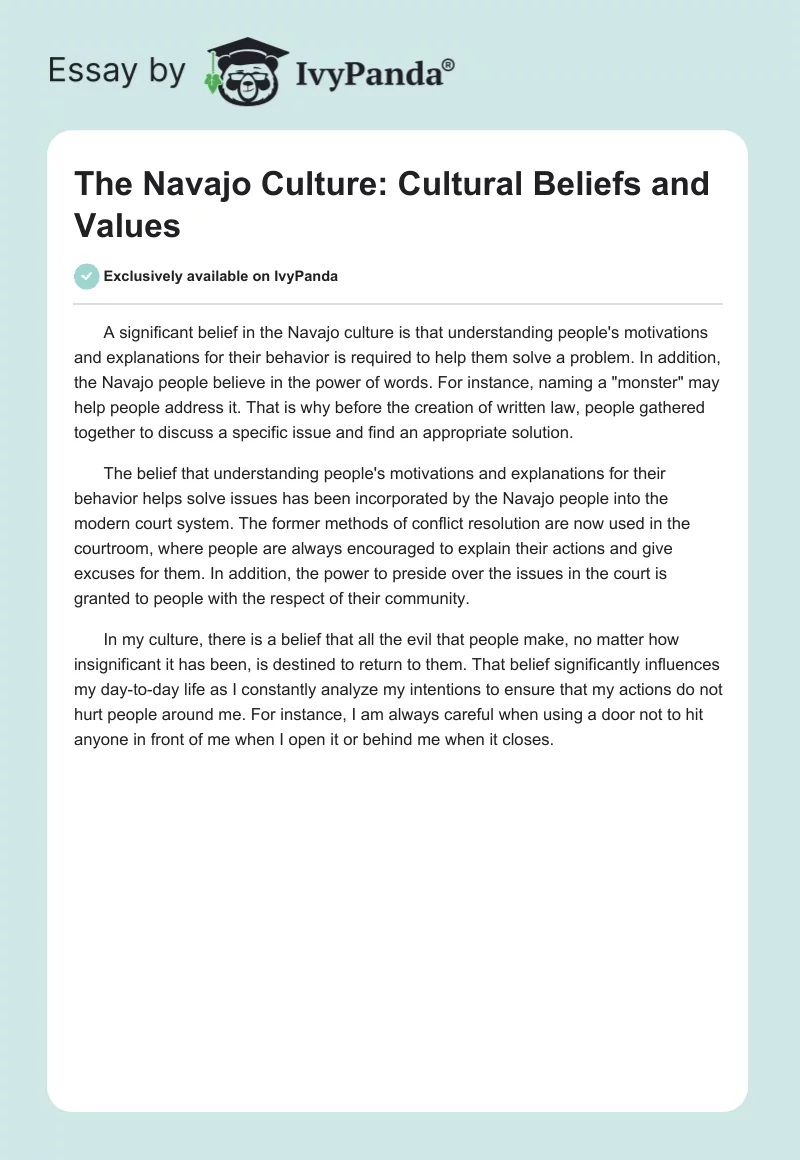 The Navajo Culture: Cultural Beliefs and Values. Page 1